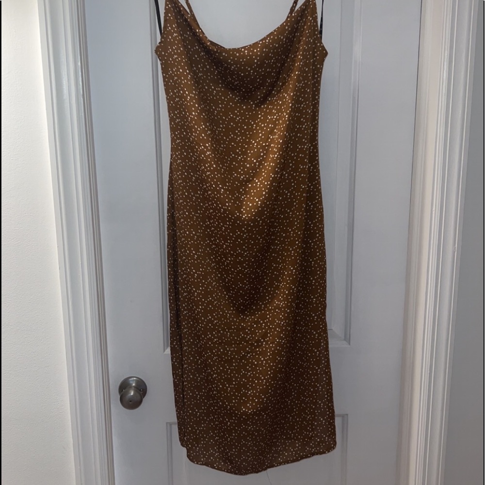 MISSGUIDED- Brown Polka Dot Satin midi dress